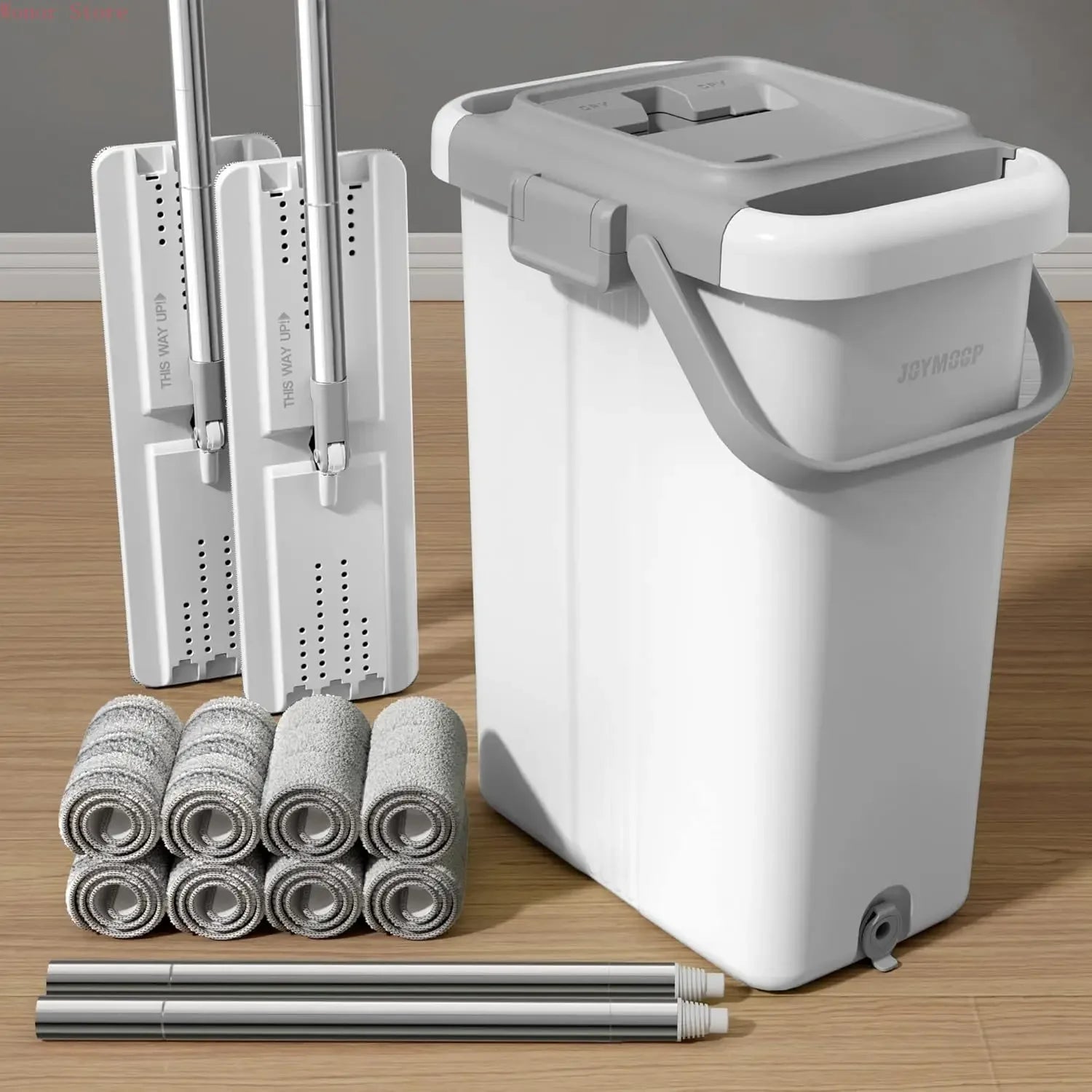 Mop and Bucket with Wringer Set for Floor Cleaning and Wall Cleaner, Flat Mop and Bucket System Set with 2 Mops and 8 Large