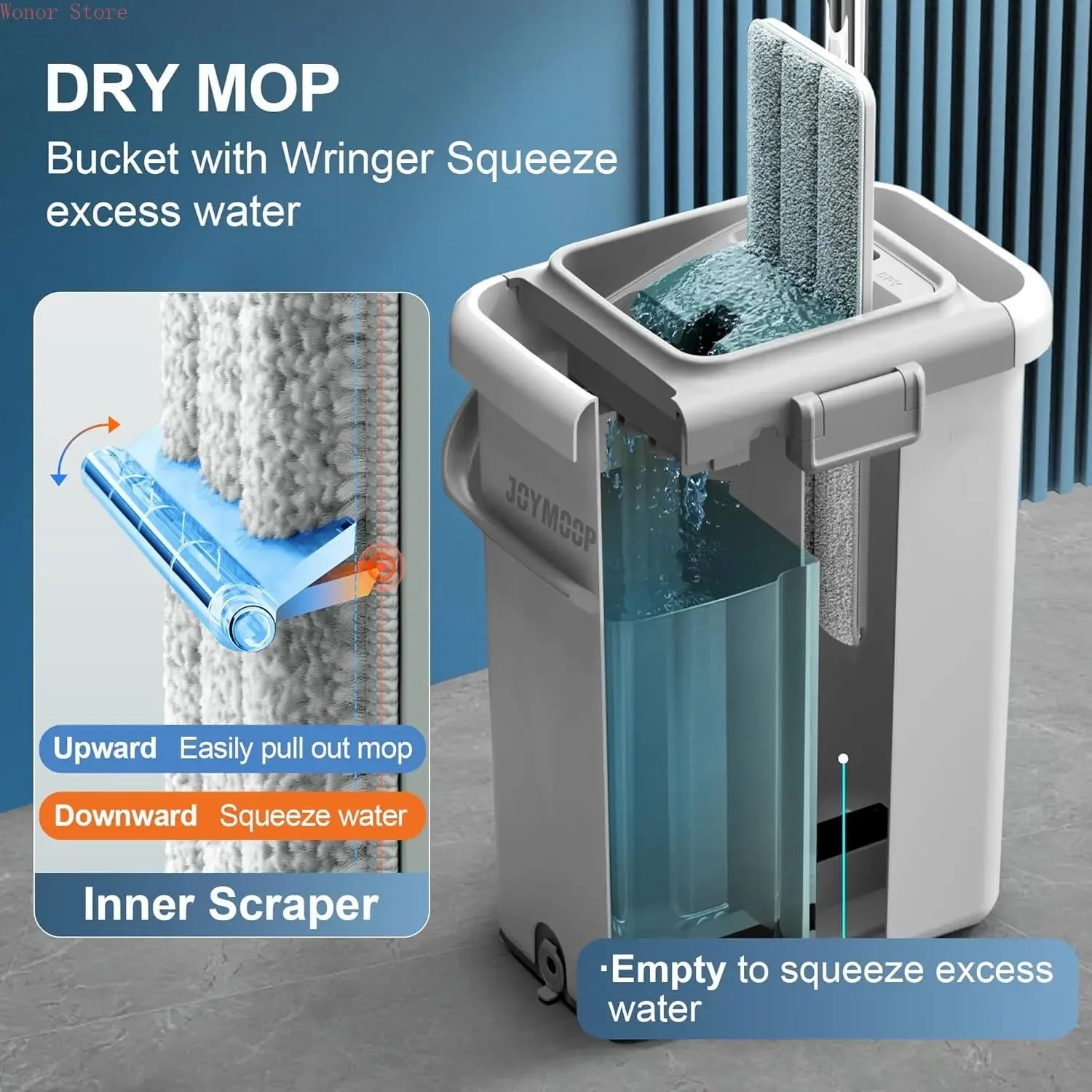 Mop and Bucket with Wringer Set for Floor Cleaning and Wall Cleaner, Flat Mop and Bucket System Set with 2 Mops and 8 Large
